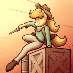 Size: 2000x2000 | Tagged: safe, artist:ohemo, braeburn, earth pony, anthro, g4, atg 2020, chase, clothes, cowboy hat, gun, hat, high res, male, newbie artist training grounds, pants, solo, stetson, weapon