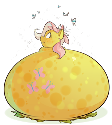 Size: 2200x2450 | Tagged: safe, alternate version, artist:secretgoombaman12345, fluttershy, butterfly, hybrid, original species, plant pony, g4, blob, encasement, female, flower, high res, immobile, inflation, looking back, neck roll, plant, plant transformation, poison blob, poison joke, simple background, solo, transformation, transparent background, trapped, worried