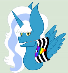 Size: 3133x3361 | Tagged: safe, artist:royal-snowflake, oc, oc:fleurbelle, alicorn, pony, alicorn oc, female, high res, horn, mare, mouth hold, pride, pride flag, straight ally flag, wings, yellow eyes
