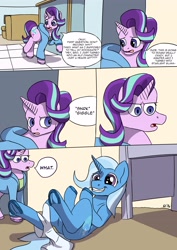 Size: 2480x3507 | Tagged: safe, artist:mcsplosion, starlight glimmer, trixie, comic:horsemates, g4, apartment, bedroom, boxer briefs, comic, couch, cute, desk, diatrixes, frog (hoof), grin, high res, human to pony, kitchen, living room, magic, male to female, phone, post-transformation, rule 63, smiling, transformation, transgender transformation, underhoof