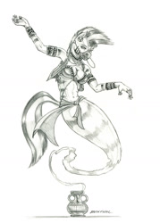 Size: 1000x1399 | Tagged: safe, artist:baron engel, zecora, genie, zebra, anthro, g4, absolute cleavage, breasts, busty zecora, cleavage, ear piercing, earring, female, geniefied, grayscale, jewelry, magic lamp, mare, monochrome, pencil drawing, piercing, ring, simple background, solo, traditional art, white background