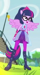 Size: 331x615 | Tagged: safe, screencap, sci-twi, twilight sparkle, human, cheer you on, equestria girls, equestria girls series, g4, spoiler:eqg series (season 2), boots, cropped, female, glasses, ponied up, shoes, smiling, solo, super ponied up, wings