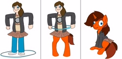 Size: 4096x1983 | Tagged: safe, artist:mcsplosion, oc, oc only, oc:painterly flair, ambiguous gender, clothes, derp, human to pony, jacket, male to female, nonbinary, ponytail, ring, rule 63, skirt, transformation, transformation ring, transgender transformation