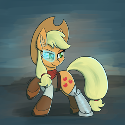 Size: 1250x1250 | Tagged: safe, artist:litrojia, applejack, earth pony, pony, g4, abstract background, amputee, applejack's hat, atg 2020, bandana, boots, clothes, cowboy, cowboy hat, cowboy outfit, female, future, futuristic, hat, looking back, mare, missing freckles, newbie artist training grounds, prosthetic leg, prosthetic limb, prosthetics, shoes, solo