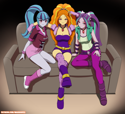 Size: 3168x2893 | Tagged: safe, artist:rambon7, adagio dazzle, aria blaze, sonata dusk, equestria girls, rainbow rocks, bedroom eyes, blushing, breasts, cleavage, clothes, couch, crossed legs, female, gem, high res, legs, lidded eyes, looking at you, patreon, pigtails, ponytail, raised eyebrow, siren gem, sitting, spiked wristband, the dazzlings, thighs, trio, trio female, twintails, wristband