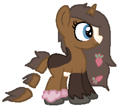 Size: 261x234 | Tagged: safe, artist:booty-bae-adopts, oc, oc only, oc:strawberry cocoa, monster pony, pony, unicorn, accessories, blaze (coat marking), coat markings, colored hooves, facial markings, female, food, horn, long mane, looking forward, mare, segmented tail, solo, strawberry, tail, unicorn oc, unshorn fetlocks