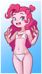 Size: 760x1320 | Tagged: safe, artist:drantyno, pinkie pie, human, equestria girls, g4, belly button, bikini, clothes, cute, delicious flat chest, female, happy, open mouth, peace sign, solo, swimsuit