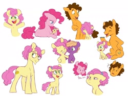 Size: 1920x1440 | Tagged: safe, artist:chub-wub, cheese sandwich, li'l cheese, little mac, pinkie pie, earth pony, pony, g4, season 9, the last problem, age progression, alternate hairstyle, baby, baby pony, colt, glasses, green eyes, hairband, happy, male, mama pinkie, simple background, squint, stallion, white background