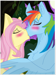 Size: 3024x4032 | Tagged: safe, artist:nite-liight, fluttershy, rainbow dash, pegasus, pony, g4, duo, eyes closed, female, forest, kiss on the lips, kissing, lesbian, mare, moon, night, ship:flutterdash, shipping