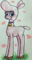 Size: 1380x2510 | Tagged: safe, artist:melisareb, pom (tfh), lamb, sheep, them's fightin' herds, adorapom, bell, cloven hooves, collar, community related, cute, female, grass, heart, solo, traditional art