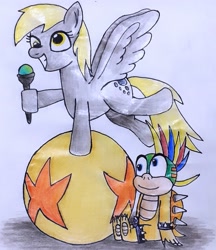Size: 1855x2145 | Tagged: safe, artist:melisareb, derpy hooves, koopa, pegasus, pony, g4, ball, crossover, cute, derp, derpabetes, female, lemmy koopa, male, mare, nintendo, not shipping, smiling, super mario bros., traditional art, wand, wings