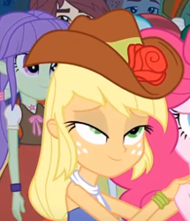 Size: 337x391 | Tagged: safe, screencap, applejack, crimson napalm, normal norman, starlight, equestria girls, g4, my little pony equestria girls, applejack is best facemaker, bare shoulders, clothes, cropped, dress, faic, fall formal, fall formal outfits, mid-blink screencap, offscreen character, sleeveless, strapless