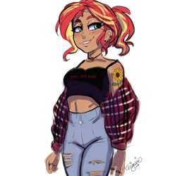 Size: 1280x1290 | Tagged: safe, artist:ask-sunpie, artist:wimsie, sunset shimmer, human, tumblr:ask sunpie, g4, belly button, clothes, ear piercing, earring, female, flower, geode of empathy, human coloration, humanized, jacket, jeans, jewelry, magical geodes, midriff, necklace, nose piercing, pants, piercing, ring, ripped jeans, solo, sports bra, sunflower, tank top, tattoo, text