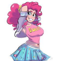 Size: 1280x1290 | Tagged: safe, artist:ask-sunpie, artist:wimsie, pinkie pie, human, tumblr:ask sunpie, g4, armpits, breasts, busty pinkie pie, clothes, cute, diapinkes, female, human coloration, humanized, jacket, lips, ponytail, scrunchie, shirt, simple background, skirt, sleeveless, sleeveless shirt, smiling, solo, tank top, teeth, text, varsity jacket, white background