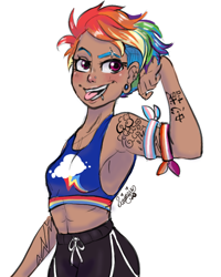 Size: 564x705 | Tagged: safe, artist:ask-sunpie, artist:wimsie, rainbow dash, human, tumblr:ask sunpie, g4, abs, armpits, clothes, cutie mark, cutie mark on clothes, dark skin, ear piercing, female, flexing, gym shorts, headcanon, human coloration, humanized, lesbian pride flag, lgbt headcanon, piercing, pink eyes, pride, pride flag, scar, sexuality headcanon, shorts, simple background, solo, sports bra, tank top, tattoo, tomboy, tongue out, transgender pride flag, white background