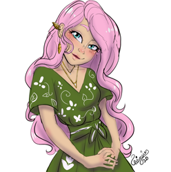 Size: 1280x1290 | Tagged: safe, artist:ask-sunpie, artist:wimsie, fluttershy, human, tumblr:ask sunpie, g4, clothes, dress, ear piercing, earring, female, floral print, human coloration, humanized, jewelry, necklace, piercing, simple background, solo, white background