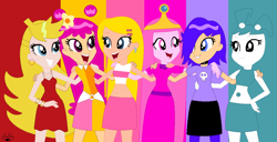 Size: 1088x556 | Tagged: safe, artist:art1stg1rl, artist:selenaede, angel, human, robot, equestria girls, g4, adventure time, ami onuki, anarchy panty, barely eqg related, base used, bracelet, cartoon network, clothes, crossover, crown, dress, ear piercing, earring, equestria girls style, equestria girls-ified, hairpin, hi hi puffy ami yumi, jenny wakeman, jewelry, male, my life as a teenage robot, necklace, nickelodeon, panty and stocking with garterbelt, piercing, pink dress, princess bubblegum, red dress, regalia, sabrina spellman, sabrina the teenage witch, sabrina: the animated series, witch, yumi yoshimura