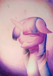 Size: 1920x2739 | Tagged: safe, artist:rsd500, twilight sparkle, pony, unicorn, g4, drawing, floppy ears, light, sad, solo, sparkles, traditional art, unicorn twilight