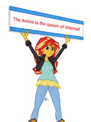 Size: 950x1278 | Tagged: safe, sunset shimmer, equestria girls, g4, anti anime, board, engrish, exploitable meme, female, meme, sign, solo, sunset's board