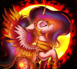 Size: 3570x3210 | Tagged: safe, artist:mite-lime, princess celestia, alicorn, pony, g4, armor, ear fluff, eyes closed, female, helmet, high res, hoof shoes, leg fluff, mare, profile, solo, sun, two toned wings, wings