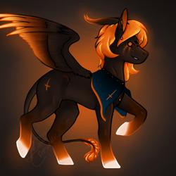 Size: 1000x1000 | Tagged: safe, artist:depixelator, oc, demon, demon pony, original species, pegasus, pony, pony town, cape, clothes, crucifix, ear piercing, earring, food, glowing hooves, horns, jewelry, leonine tail, orange, piercing, pterripi, satan, spread wings, wings