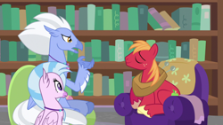 Size: 1920x1080 | Tagged: safe, screencap, big macintosh, silverstream, sky beak, classical hippogriff, earth pony, hippogriff, pony, a horse shoe-in, g4, chair, eyes closed, female, library, male, open mouth, sitting, smiling, stallion, trio