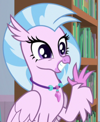 Size: 400x491 | Tagged: safe, screencap, silverstream, classical hippogriff, hippogriff, a horse shoe-in, g4, bookshelf, cheerful, claws, cropped, cute, diastreamies, female, grin, jewelry, necklace, pearl necklace, png, smiling, solo, talons, teenager, waving
