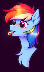Size: 1845x3000 | Tagged: safe, artist:argigen, rainbow dash, pony, rcf community, g4, blushing, bust, chest fluff, ear fluff, female, mare, portrait, pride month, simple background, solo, taste the rainbow, tongue out