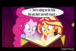 Size: 1288x858 | Tagged: safe, edit, edited screencap, editor:teren rogriss, screencap, pinkie pie, sunset shimmer, equestria girls, equestria girls specials, g4, my little pony equestria girls: better together, my little pony equestria girls: sunset's backstage pass, book, movie reference, the godfather