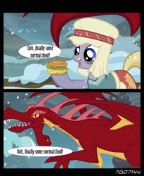 Size: 1288x1572 | Tagged: safe, edit, edited screencap, editor:teren rogriss, screencap, basil, flurry, dragon, pony, dragonshy, g4, hearth's warming eve (episode), 2 panel comic, aurekbesh script, bags under eyes, burger, comic, dialogue, food, hay burger, imminent vore, snow, this will end in dinner, this will not end well