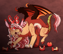 Size: 1376x1181 | Tagged: safe, artist:inuhoshi-to-darkpen, oc, oc only, oc:serenity, bat pony, draconequus, hybrid, apple, apple tree, bat pony oc, bat wings, chest fluff, draconequus oc, ear fluff, eyes on the prize, fangs, female, flower, flower in hair, flowing mane, food, glowing horn, horn, interspecies offspring, offspring, open mouth, parent:discord, parent:fluttershy, parents:discoshy, solo, tongue out, tree, wings, xk-class end-of-the-world scenario