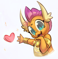 Size: 1302x1333 | Tagged: safe, artist:mirroredsea, smolder, dragon, g4, armband, bracelet, coral, cute, digital art, dragoness, female, heart, jewelry, looking at you, necklace, open mouth, simple background, slit pupils, smiling, smolderbetes, solo, tribal markings, weapons-grade cute, white background