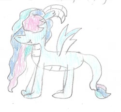 Size: 873x810 | Tagged: safe, artist:ptitemouette, oc, oc only, oc:calm sunset, dracony, dragon, hybrid, pony, hair over eyes, horns, interspecies offspring, nonbinary, offspring, parent:princess celestia, parent:princess ember, parents:emberlestia, simple background, solo, traditional art, white background