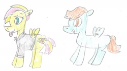 Size: 1570x885 | Tagged: safe, artist:ptitemouette, oc, oc only, oc:fire thunder, oc:flash light, pegasus, pony, duo, ear piercing, earring, female, jewelry, magical lesbian spawn, male, mare, offspring, parent:fluttershy, parent:spitfire, parents:spitshy, piercing, stallion, tongue out, traditional art