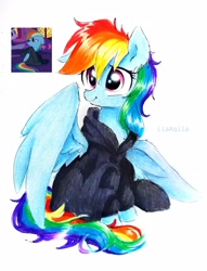 Size: 2322x3044 | Tagged: safe, artist:liaaqila, screencap, rainbow dash, twilight sparkle, pegasus, pony, g4, read it and weep, catsuit, clothes, female, high res, mare, scene interpretation, sitting, sneaking suit, traditional art