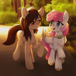 Size: 1836x1836 | Tagged: safe, artist:ls_skylight, oc, oc only, earth pony, pegasus, pony, chest fluff, duo, eye contact, female, looking at each other, mare, outdoors