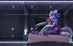 Size: 1609x1015 | Tagged: safe, artist:ampderg, oc, oc:empyrea, oc:rivibaes, pegasus, pony, unicorn, bed, horn, hug, pegasus oc, size difference, space, unicorn oc, winghug, wings