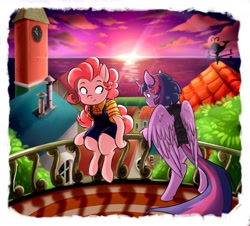 Size: 1280x1157 | Tagged: safe, artist:gloomydinosaur, pinkie pie, twilight sparkle, alicorn, earth pony, semi-anthro, g4, arm hooves, bipedal, bipedal leaning, city, clothes, duo, leaning, ocean, railing, sitting, sunset, tree, twilight sparkle (alicorn), water