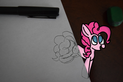 Size: 2000x1324 | Tagged: safe, artist:rainbowbacon, pinkie pie, pony, g4, cute, diapinkes, eraser, female, mechanical pencil, photo, solo, traditional art