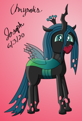 Size: 1726x2558 | Tagged: safe, artist:solder point, queen chrysalis, changeling, g4, cel shading, crown, cute, cutealis, digital art, female, gradient background, happy, heart, jewelry, mouth hold, regalia, shading, signature, smiling, solo, standing