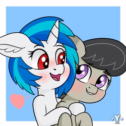 Size: 4000x4000 | Tagged: safe, artist:yelowcrom, dj pon-3, octavia melody, vinyl scratch, earth pony, pony, unicorn, g4, blushing, cute, female, heart, hug, lesbian, mare, red eyes, ship:scratchtavia, shipping, simple background, wrong eye color