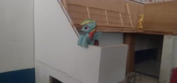 Size: 3264x1546 | Tagged: safe, applejack, rainbow dash, g4, blind bag, everfree customs, female, garage, irl, leaning on railings, photo, railing, stairs, toy