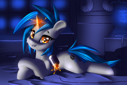 Size: 2400x1600 | Tagged: safe, artist:shido-tara, oc, oc only, oc:homage, pony, unicorn, fallout equestria, bed, crossed hooves, fanfic art, female, glowing horn, hoof on hoof, horn, looking at you, lying on bed, mare, microphone, on bed, prone, simple background, smiling, solo