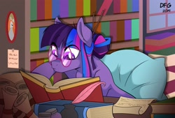 Size: 3285x2220 | Tagged: safe, artist:dragonfoxgirl, twilight sparkle, earth pony, pony, g4, alternate hairstyle, book, bookshelf, female, g5 concept leaks, generation leap, glasses, hair bun, high res, ink, pillow, reading, scroll, solo, twilight sparkle (g5 concept leak)
