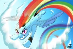 Size: 3285x2220 | Tagged: safe, artist:dragonfoxgirl, rainbow dash, pegasus, pony, g4, alternate hairstyle, flying, g5 concept leaks, generation leap, high res, rainbow dash (g5 concept leak), sonic rainboom