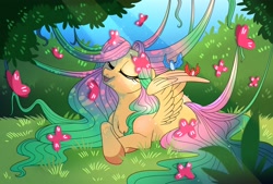 Size: 3285x2220 | Tagged: safe, artist:dragonfoxgirl, fluttershy, bird, butterfly, pegasus, pony, g4, alternate hairstyle, eyes closed, forest, g5 concept leak style, generation leap, high res, open mouth, sunlight, tree