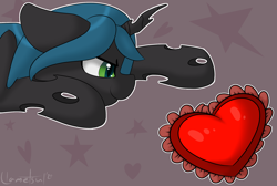 Size: 2322x1563 | Tagged: safe, artist:llametsul, queen chrysalis, changeling, changeling queen, g4, behaving like a cat, blue hair, cute, cutealis, female, green eyes, heart, horn, mare, pounce, signature, solo, white outline