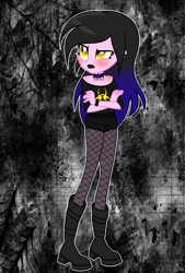 Size: 3512x5184 | Tagged: safe, artist:lumi-infinite64, artist:riariirii2, oc, oc only, oc:jenny, equestria girls, g4, abstract background, base used, boots, choker, crossed arms, female, fishnet stockings, goth, lipstick, shoes, solo