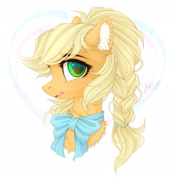 Size: 1865x1940 | Tagged: safe, artist:vird-gi, applejack, earth pony, pony, g4, alternate hairstyle, bowtie, braid, bust, chest fluff, cute, ear fluff, female, jackabetes, mare, open mouth, portrait, profile, simple background, solo