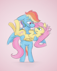 Size: 2000x2500 | Tagged: safe, artist:antimationyt, fluttershy, rainbow dash, pegasus, pony, atg 2020, bipedal, blushing, bridal carry, carrying, eye contact, female, floppy ears, flutterdash, folded wings, holding, holding a pony, hooves to the chest, lesbian, looking at each other, mare, newbie artist training grounds, on back, pink background, shipping, simple background, smiling, spread wings, wings